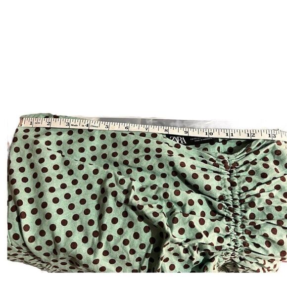 Zara Linen Polka Dot Skirt Midi Slit Ruched Brown Mini Pin Up Summer Rockabilly - Picture 4 of 10